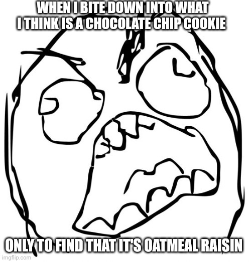 Oatmeal raisin!!!!!!!! | WHEN I BITE DOWN INTO WHAT I THINK IS A CHOCOLATE CHIP COOKIE; ONLY TO FIND THAT IT'S OATMEAL RAISIN | image tagged in angry face meme | made w/ Imgflip meme maker