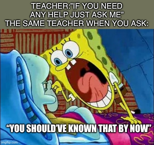 Why ask then? | TEACHER:”IF YOU NEED ANY HELP JUST ASK ME”
THE SAME TEACHER WHEN YOU ASK:; “YOU SHOULD’VE KNOWN THAT BY NOW” | image tagged in spongebob scream at squidward,memes,funny,so true,true story | made w/ Imgflip meme maker