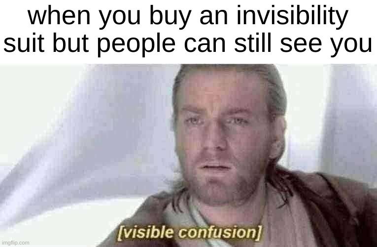 Visible Confusion | when you buy an invisibility suit but people can still see you | image tagged in visible confusion | made w/ Imgflip meme maker