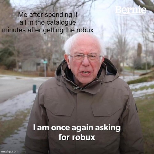 Bernie I Am Once Again Asking For Your Support Meme | Me after spending it all in the catalogue minutes after getting the robux for robux for robux | image tagged in memes,bernie i am once again asking for your support | made w/ Imgflip meme maker