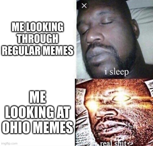 i sleep real shit | ME LOOKING THROUGH REGULAR MEMES ME LOOKING AT OHIO MEMES | image tagged in i sleep real shit | made w/ Imgflip meme maker