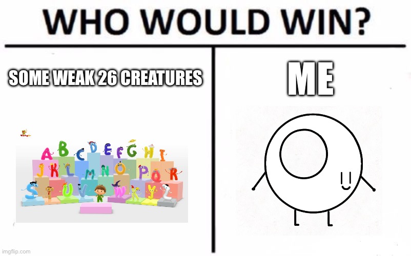 Who Would Win? Meme | SOME WEAK 26 CREATURES; ME | image tagged in memes,who would win | made w/ Imgflip meme maker