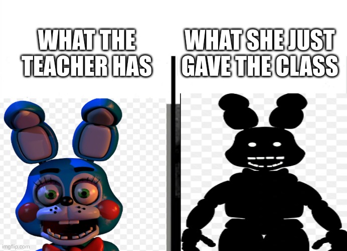 toy bonn vs shadow bonn | WHAT SHE JUST GAVE THE CLASS; WHAT THE TEACHER HAS | image tagged in teacher's copy | made w/ Imgflip meme maker