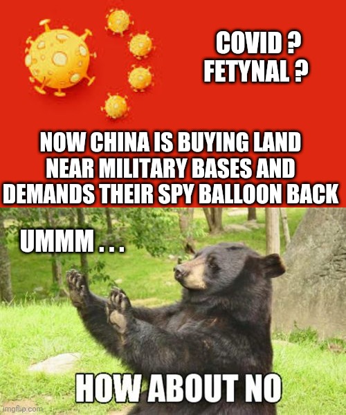 Done With These People | COVID ?
FETYNAL ? NOW CHINA IS BUYING LAND NEAR MILITARY BASES AND DEMANDS THEIR SPY BALLOON BACK; UMMM . . . | image tagged in chinese corona flag,memes,how about no bear,china,democrats,liberals | made w/ Imgflip meme maker