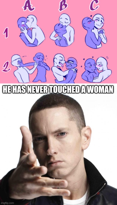 HE HAS NEVER TOUCHED A WOMAN | image tagged in goofy ahh kiss,eminem video game logic | made w/ Imgflip meme maker