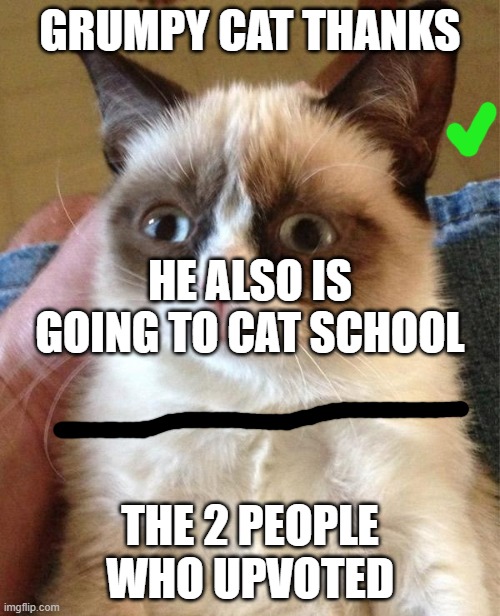 Grumpy Cat Happy Meme | GRUMPY CAT THANKS; HE ALSO IS GOING TO CAT SCHOOL; THE 2 PEOPLE WHO UPVOTED | image tagged in memes,grumpy cat happy,grumpy cat | made w/ Imgflip meme maker