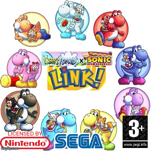 European/United Kingdom Yoshi's Island × baby Sonic the Hedgehog Trozei! "as Yoshi's Island × baby Sonic the Hedgehog Link!" | LICENSED BY | image tagged in yoshi's island baby sonic the hedgehog link,yoshi's island,baby sonic the hedgehog,sega,nintendo | made w/ Imgflip meme maker
