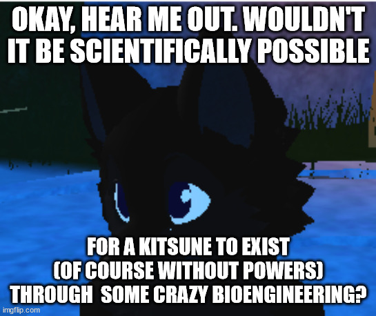 big brain mode | OKAY, HEAR ME OUT. WOULDN'T IT BE SCIENTIFICALLY POSSIBLE; FOR A KITSUNE TO EXIST (OF COURSE WITHOUT POWERS) THROUGH  SOME CRAZY BIOENGINEERING? | image tagged in kitsune,weird science,biology,animals,floofy bois,why you reading this | made w/ Imgflip meme maker