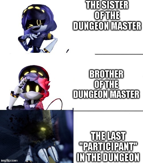 THE SISTER OF THE DUNGEON MASTER; BROTHER OF THE DUNGEON MASTER; THE LAST "PARTICIPANT" IN THE DUNGEON | image tagged in better better blurst murder drones edition | made w/ Imgflip meme maker