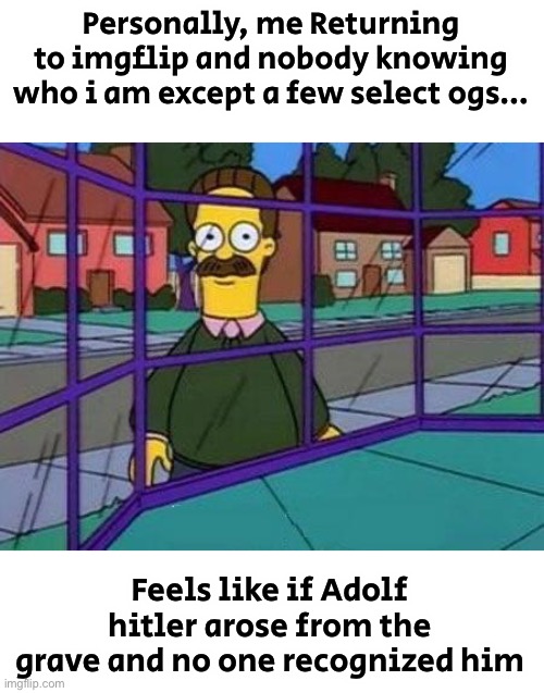 I used to rule the website. Now I just watch back and hang around like a nobody | Personally, me Returning to imgflip and nobody knowing who i am except a few select ogs…; Feels like if Adolf hitler arose from the grave and no one recognized him | image tagged in creepy flanders | made w/ Imgflip meme maker
