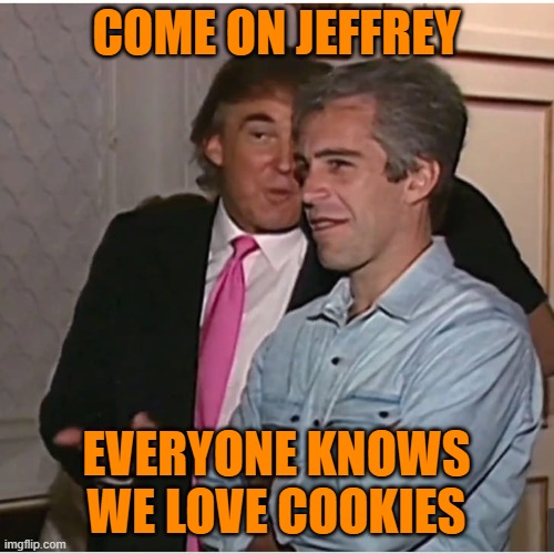 Trump Epstein | COME ON JEFFREY EVERYONE KNOWS WE LOVE COOKIES | image tagged in trump epstein | made w/ Imgflip meme maker