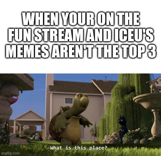 No out-memeing Iceu here | WHEN YOUR ON THE FUN STREAM AND ICEU'S MEMES AREN'T THE TOP 3 | image tagged in what is this place | made w/ Imgflip meme maker