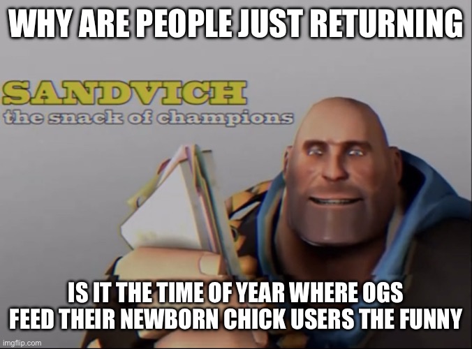 pingvin based humor | WHY ARE PEOPLE JUST RETURNING; IS IT THE TIME OF YEAR WHERE OGS FEED THEIR NEWBORN CHICK USERS THE FUNNY | image tagged in sandvich the snack of champions | made w/ Imgflip meme maker