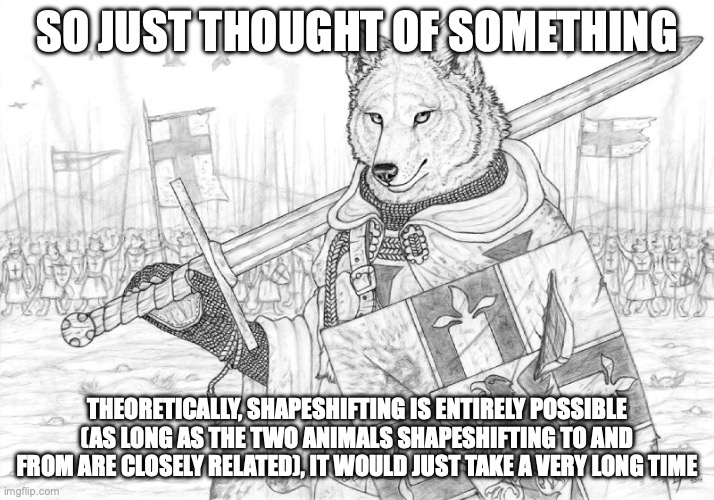 I'd say it would take around, at minimum (for very closely related species) like 5 years. | SO JUST THOUGHT OF SOMETHING; THEORETICALLY, SHAPESHIFTING IS ENTIRELY POSSIBLE (AS LONG AS THE TWO ANIMALS SHAPESHIFTING TO AND FROM ARE CLOSELY RELATED), IT WOULD JUST TAKE A VERY LONG TIME | image tagged in fursader | made w/ Imgflip meme maker