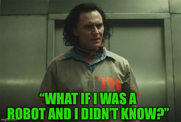 loki robot | “WHAT IF I WAS A ROBOT AND I DIDN’T KNOW?” | image tagged in loki robot | made w/ Imgflip meme maker