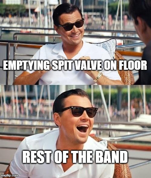 Leonardo Dicaprio Wolf Of Wall Street | EMPTYING SPIT VALVE ON FLOOR; REST OF THE BAND | image tagged in memes,leonardo dicaprio wolf of wall street | made w/ Imgflip meme maker
