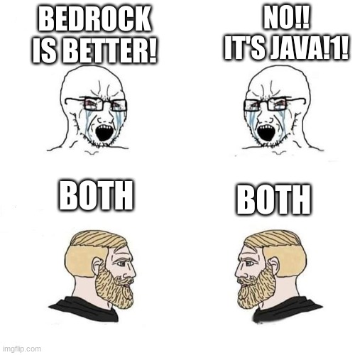 Java v Bedrock | BEDROCK IS BETTER! NO!! IT'S JAVA!1! BOTH; BOTH | image tagged in girls vs boys,both,minecraft | made w/ Imgflip meme maker
