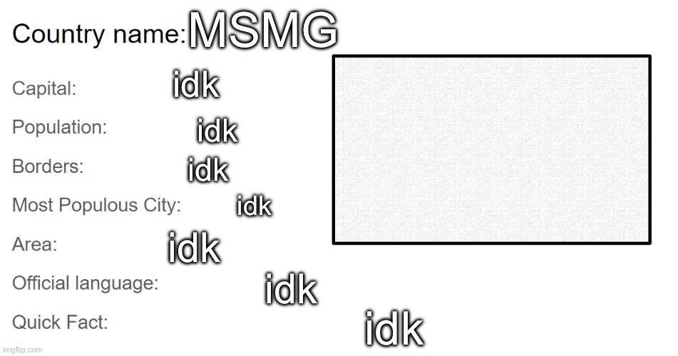country template | MSMG; idk; idk; idk; idk; idk; idk; idk | image tagged in country template | made w/ Imgflip meme maker
