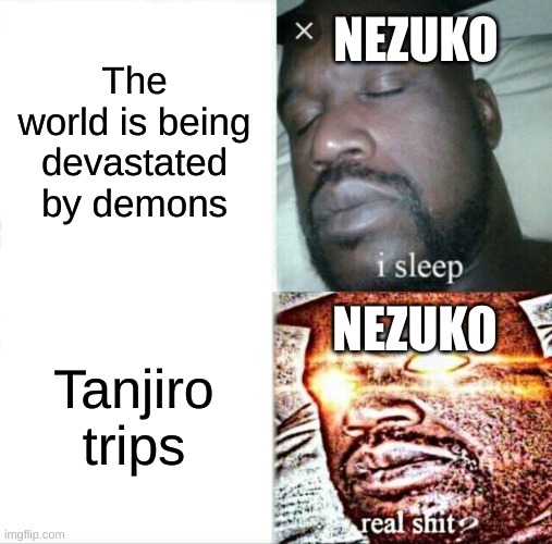 Sleeping Shaq | The world is being devastated by demons; NEZUKO; NEZUKO; Tanjiro trips | image tagged in memes,sleeping shaq | made w/ Imgflip meme maker