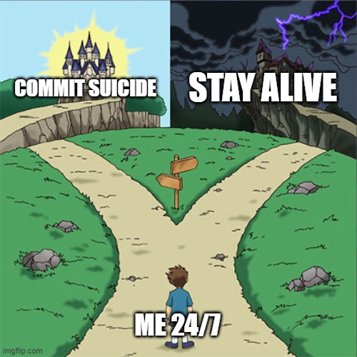 ;-; | STAY ALIVE; COMMIT SUICIDE; ME 24/7 | image tagged in two paths | made w/ Imgflip meme maker