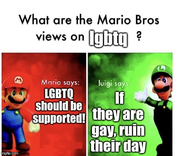 hehe | lgbtq; LGBTQ should be supported! If they are gay, ruin their day | image tagged in mario bros views | made w/ Imgflip meme maker