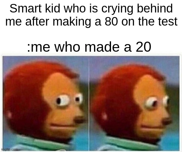 Monkey Puppet | Smart kid who is crying behind me after making a 80 on the test; :me who made a 20 | image tagged in memes,monkey puppet | made w/ Imgflip meme maker
