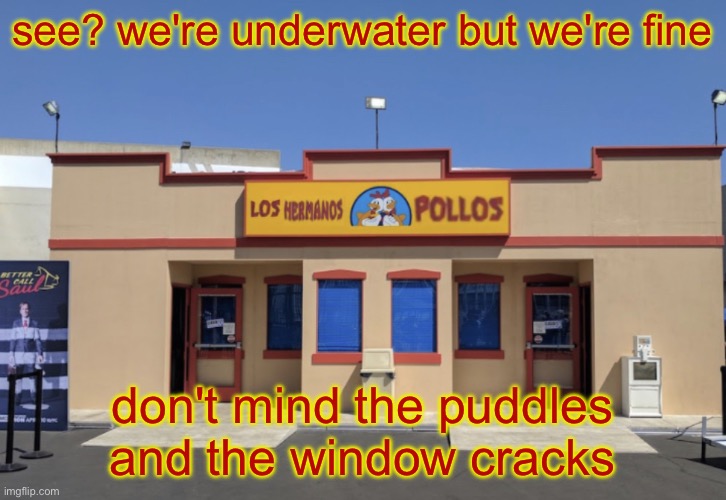 Los Hermanos Pollos | see? we're underwater but we're fine; don't mind the puddles and the window cracks | image tagged in los hermanos pollos | made w/ Imgflip meme maker