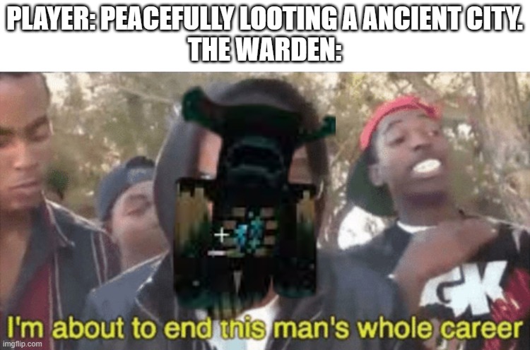 da warden | PLAYER: PEACEFULLY LOOTING A ANCIENT CITY.
THE WARDEN: | image tagged in i m about to ruin this man s whole career | made w/ Imgflip meme maker