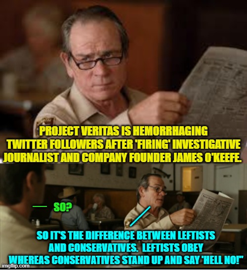 Yep . . . pretty much. | PROJECT VERITAS IS HEMORRHAGING TWITTER FOLLOWERS AFTER 'FIRING' INVESTIGATIVE JOURNALIST AND COMPANY FOUNDER JAMES O'KEEFE. _; __; SO? SO IT'S THE DIFFERENCE BETWEEN LEFTISTS AND CONSERVATIVES.  LEFTISTS OBEY WHEREAS CONSERVATIVES STAND UP AND SAY 'HELL NO!" | image tagged in tommy explains | made w/ Imgflip meme maker