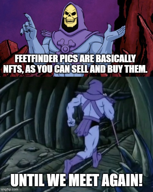 Skeletor until we meet again | FEETFINDER PICS ARE BASICALLY NFTS, AS YOU CAN SELL AND BUY THEM. UNTIL WE MEET AGAIN! | image tagged in skeletor until we meet again | made w/ Imgflip meme maker