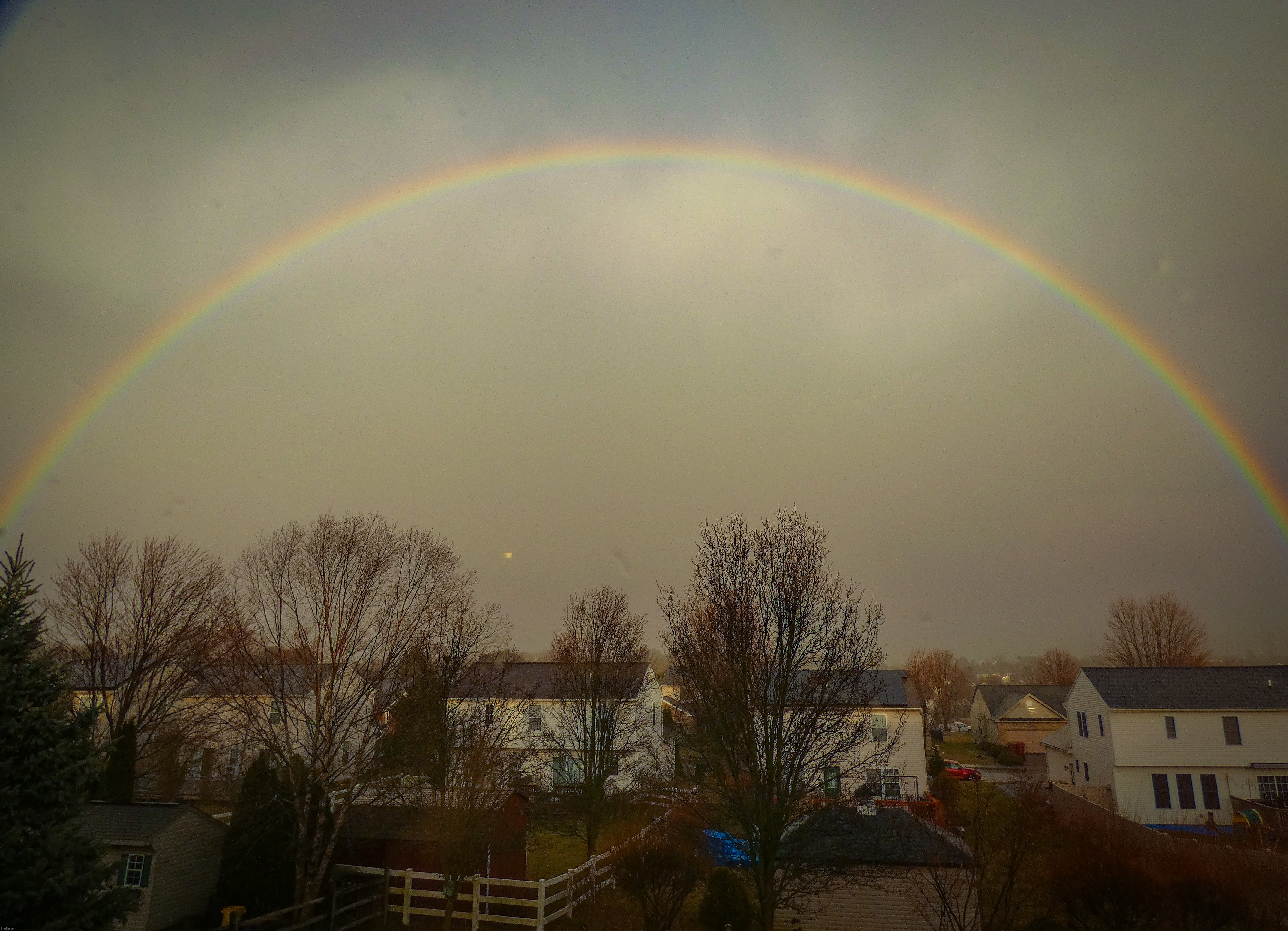 Full rainbow today after a bunch of clouds, rain, and sun (Fixed the color, it was too warm) | image tagged in share your own photos | made w/ Imgflip meme maker