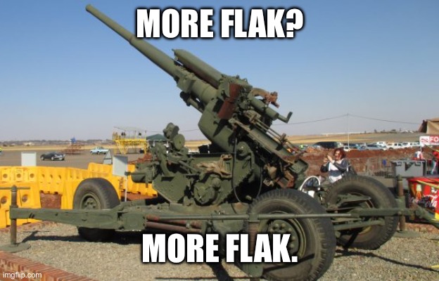 3.7 inch Mk. 1 anti-aircraft gun | MORE FLAK? MORE FLAK. | image tagged in 3 7 inch mk 1 anti-aircraft gun | made w/ Imgflip meme maker