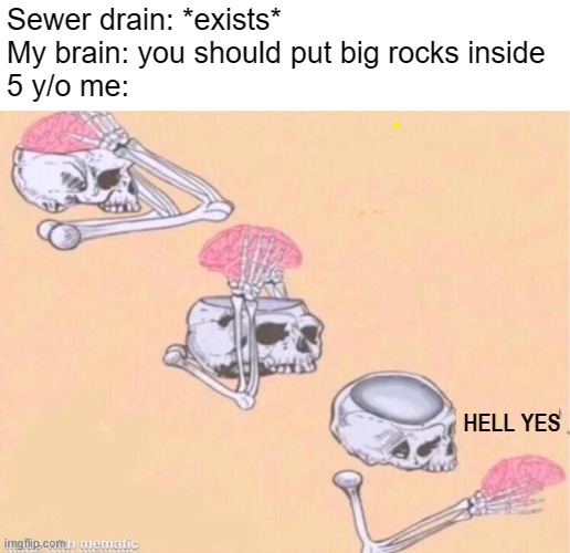 splash goes the big rock | Sewer drain: *exists*
My brain: you should put big rocks inside
5 y/o me:; HELL YES | image tagged in skeleton shut up meme,childhood,funny | made w/ Imgflip meme maker