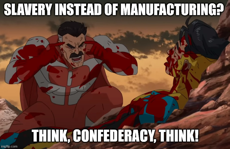Think Confederacy Think | SLAVERY INSTEAD OF MANUFACTURING? THINK, CONFEDERACY, THINK! | image tagged in think mark think | made w/ Imgflip meme maker