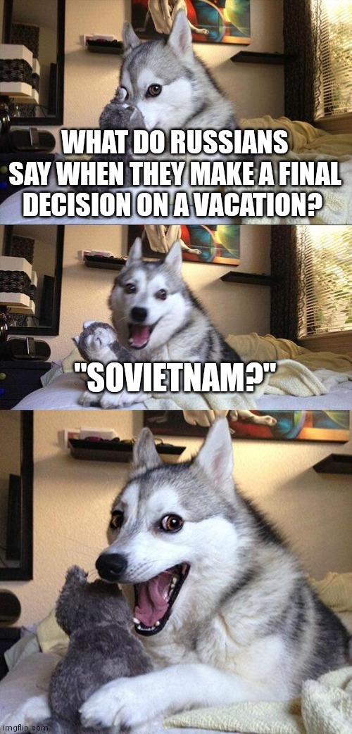 Bad Pun Dog | WHAT DO RUSSIANS SAY WHEN THEY MAKE A FINAL DECISION ON A VACATION? "SOVIETNAM?" | image tagged in memes,bad pun dog | made w/ Imgflip meme maker