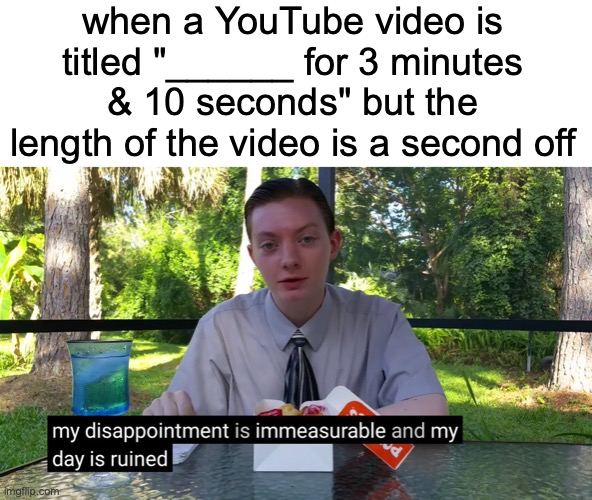 or any number of minutes | when a YouTube video is titled "______ for 3 minutes & 10 seconds" but the length of the video is a second off | image tagged in my disappointment is immeasurable,memes,funny,youtube | made w/ Imgflip meme maker