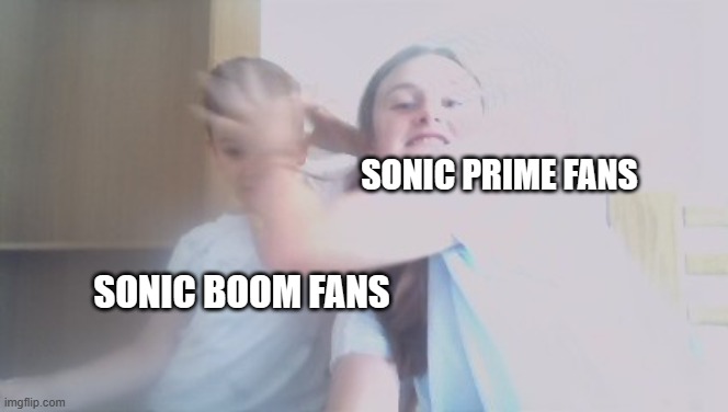 Fighting siblings | SONIC PRIME FANS; SONIC BOOM FANS | image tagged in fighting siblings | made w/ Imgflip meme maker