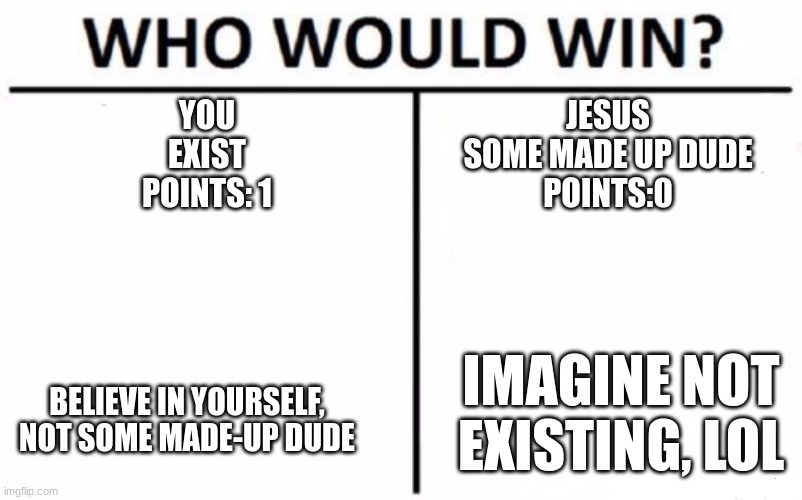 This does not include the following: lesbians, furrys, karens. | YOU
EXIST
POINTS: 1; JESUS
SOME MADE UP DUDE
POINTS:0; IMAGINE NOT EXISTING, LOL; BELIEVE IN YOURSELF, NOT SOME MADE-UP DUDE | image tagged in memes,who would win | made w/ Imgflip meme maker