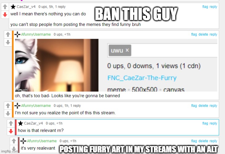 he posted on his main within this stream | BAN THIS GUY; POSTING FURRY ART IN MY STREAMS WITH AN ALT | made w/ Imgflip meme maker