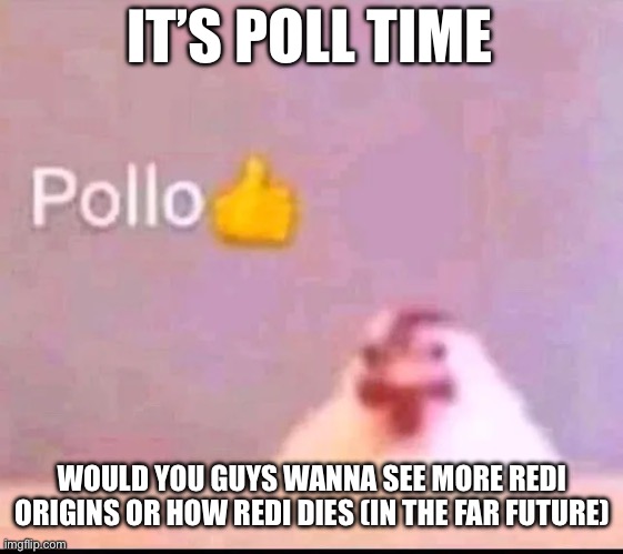 Comment your vote | IT’S POLL TIME; WOULD YOU GUYS WANNA SEE MORE REDI ORIGINS OR HOW REDI DIES (IN THE FAR FUTURE) | image tagged in pollo | made w/ Imgflip meme maker