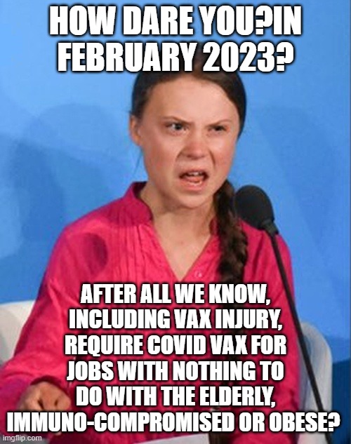 Greta Thunberg how dare you | HOW DARE YOU?IN FEBRUARY 2023? AFTER ALL WE KNOW, INCLUDING VAX INJURY, REQUIRE COVID VAX FOR JOBS WITH NOTHING TO DO WITH THE ELDERLY, IMMUNO-COMPROMISED OR OBESE? | image tagged in greta thunberg how dare you | made w/ Imgflip meme maker