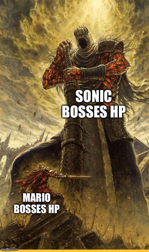 Sonic bosses are usually harder | SONIC BOSSES HP; MARIO BOSSES HP | image tagged in fantasy painting | made w/ Imgflip meme maker