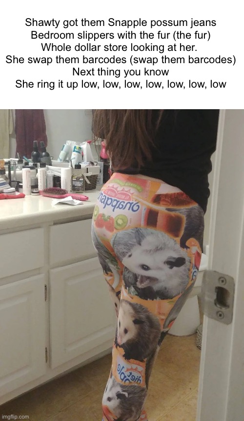 Snapple Possum Jeans | Shawty got them Snapple possum jeans
Bedroom slippers with the fur (the fur)
Whole dollar store looking at her. 
She swap them barcodes (swap them barcodes)
Next thing you know
She ring it up low, low, low, low, low, low, low | image tagged in memes,funny,possum,jeans | made w/ Imgflip meme maker