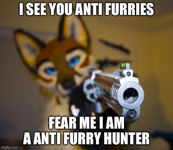 Comment in the comment section: i’m a anti furry Hunter | I SEE YOU ANTI FURRIES; FEAR ME I AM A ANTI FURRY HUNTER | image tagged in furry with gun | made w/ Imgflip meme maker