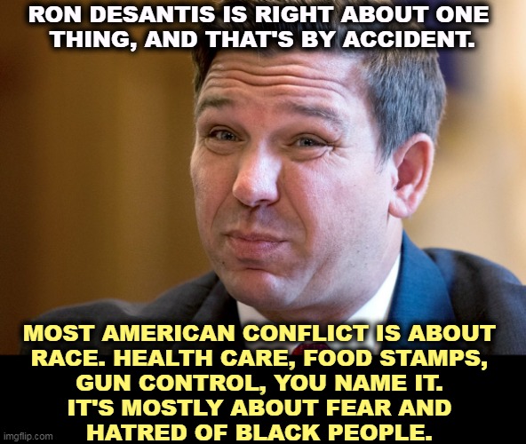 The Great Divider | RON DESANTIS IS RIGHT ABOUT ONE 
THING, AND THAT'S BY ACCIDENT. MOST AMERICAN CONFLICT IS ABOUT 

RACE. HEALTH CARE, FOOD STAMPS, 
GUN CONTROL, YOU NAME IT. 
IT'S MOSTLY ABOUT FEAR AND 
HATRED OF BLACK PEOPLE. | image tagged in ron desantis,racist,bigot,health care,food stamps,gun control | made w/ Imgflip meme maker