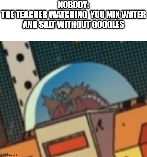 goggles are mandatory | NOBODY:
THE TEACHER WATCHING  YOU MIX WATER AND SALT WITHOUT GOGGLES | image tagged in science | made w/ Imgflip meme maker