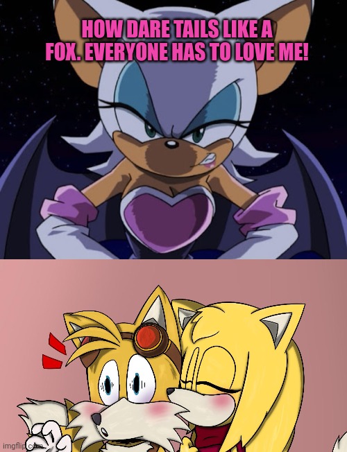 HOW DARE TAILS LIKE A FOX. EVERYONE HAS TO LOVE ME! | image tagged in angry rouge | made w/ Imgflip meme maker