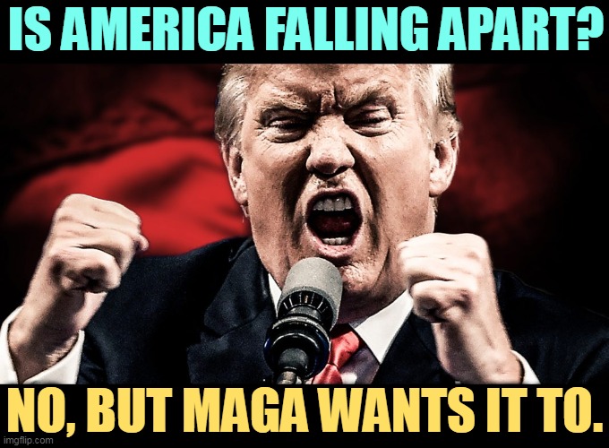 Don't believe it. They just want your money. | IS AMERICA FALLING APART? NO, BUT MAGA WANTS IT TO. | image tagged in trump angry at the microphone,america,money,scam | made w/ Imgflip meme maker