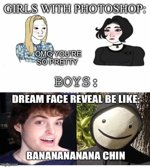 Bruh what is this lol | GIRLS WITH PHOTOSHOP:; OMG YOU’RE SO PRETTY; BOYS: | image tagged in boys vs girls | made w/ Imgflip meme maker