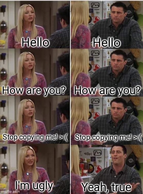 Phoebe Joey | Hello; Hello; How are you? How are you? Stop copying me! >:(; Stop copying me! >:(; I'm ugly; Yeah, true | image tagged in phoebe joey | made w/ Imgflip meme maker